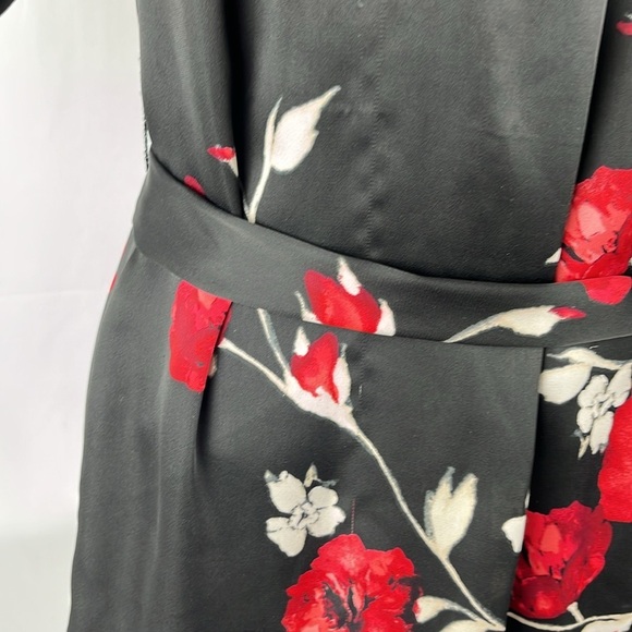 White House Black Market Black with Red Roses Tan Cream Belted Mini Dress, XXS - Picture 3 of 11